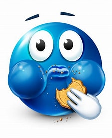 Blue smiling emoji character with wide eyes eating a cookie